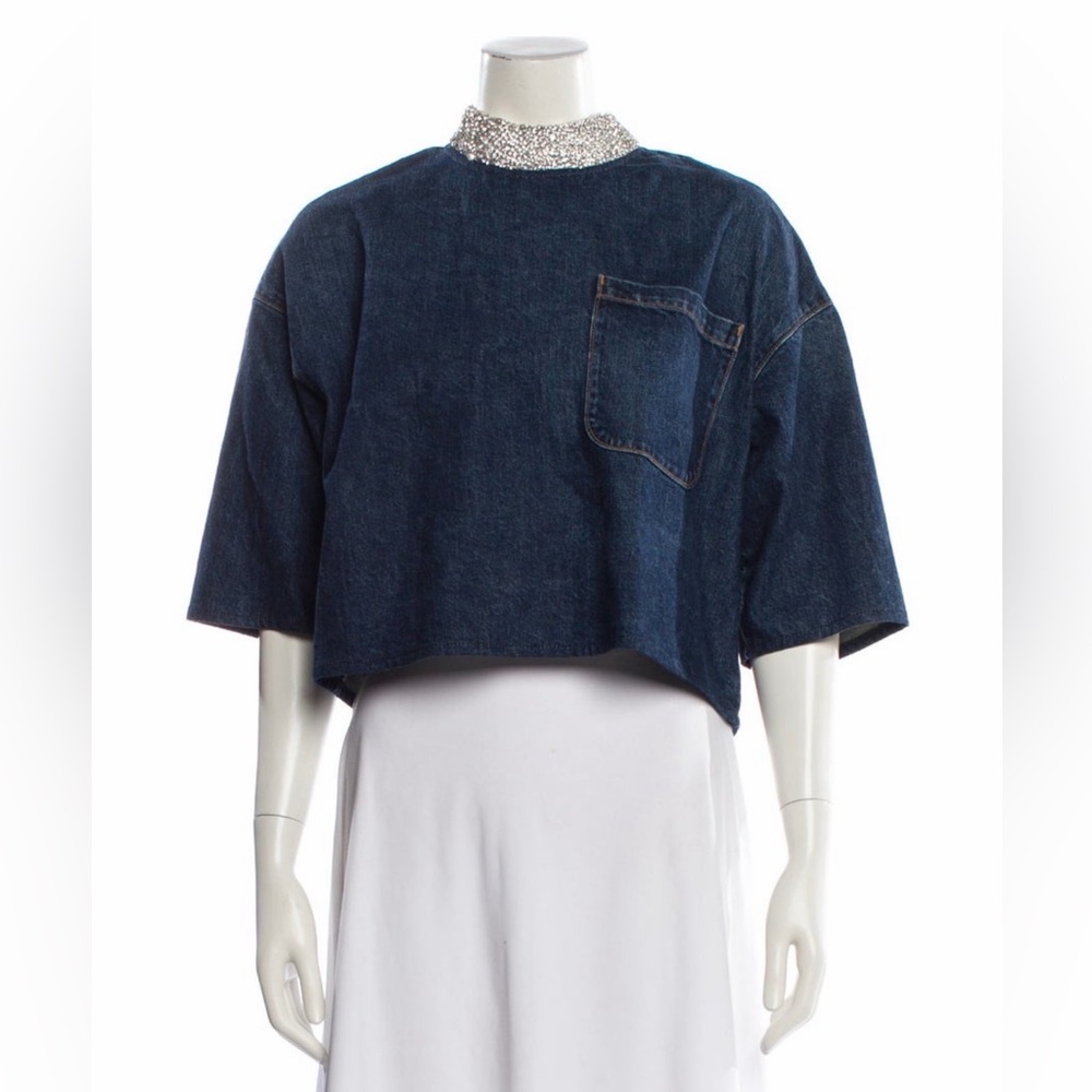 TWP Embellished Denim Crop T-Shirt